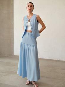 MOTF PREMIUM SILVER ROSE BUTTON ELEGANT SLEEVELESS BLAZER VEST - Baby Blue - View 4