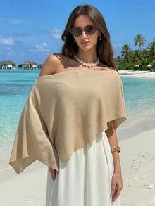 Aloruh 杏色极简性感薄纱罩衫，不对称下摆，不对称肩部设计，女士毛衣 - 杏色 - 查看 10