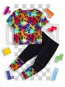 Tetris™ X SHEIN 女婴夏季休闲印花短袖T恤和裤子套装 - 彩色 - 查看 2