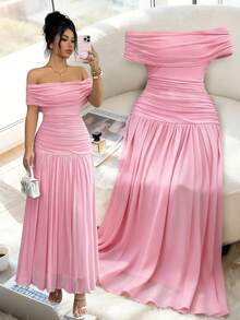 Elenzga Đầm dài trễ vai thanh lịch dành cho nữ, mùa hè - Hồng - Xem 1