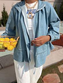DAZY 女士立领收腰宽松休闲牛仔夹克外套 - 中等水洗藍 - 查看 2