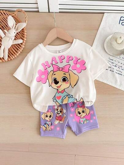 SHEIN Babygirl Cute Summer Casual Knit Cartoon Pattern Short Sleeve T-Shirt And Elastic Waist Shorts Set