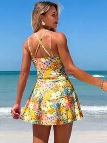 Swim Vcay Women's Summer Beach Floral Print Drawstring Criss-Cross V-Neck Ruffle Skort Swimsuit Cover Up - Multicolor - View 2