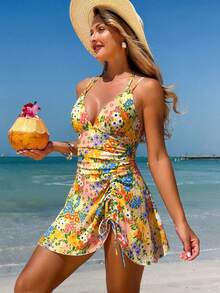 Swim Vcay Women's Summer Beach Floral Print Drawstring Criss-Cross V-Neck Ruffle Skort Swimsuit Cover Up - Multicolor - View 3