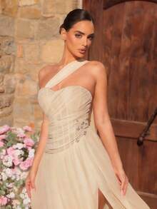 Glamrae 优雅简约露肩心形领口褶裥半透明面料，带鱼骨装饰，喇叭形下摆，系带腰身晚礼服，商务正式礼服，宾客礼服，开衩长袍 - 杏色 - 查看 5