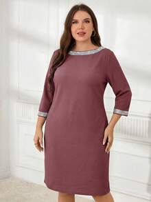 EMERY ROSE Plus Size Elegant Commuter Dress With Sequin Decor - Purple - View 3