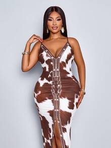 SOLERSUN 女士链条印花开衩修身吊带连衣裙，性感深V领，高腰印花吊带连衣裙，优雅长款女装 - 棕色 - 查看 3