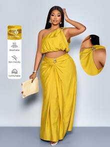 SOLERSUN Plus Size Sexy And Elegant Polka Dot Two Pieces Set, Off-Shoulder Top, Long Skirt, Faux Linen Casual Yellow Suit, Perfect For Commuting And Vacation, Spring/Summer Women's Wear,Quiet Luxury Vacation - Mustard Yellow - View 2