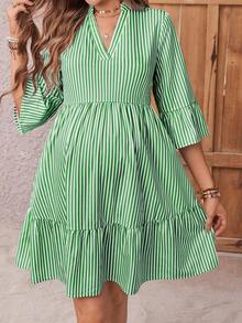 Vestido camisero de manga corta con cuello alto y rayas para maternidad - Verde - Ver 6