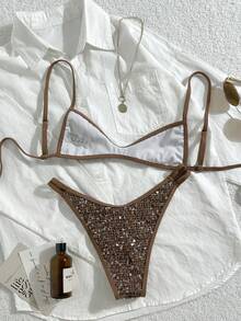 Swim SXY 2pcs Sexy Beaded Micro Bikini Top And V-Cut Hollow Out Triangular Bottoms Swimwear Set - Multicolor - View 8