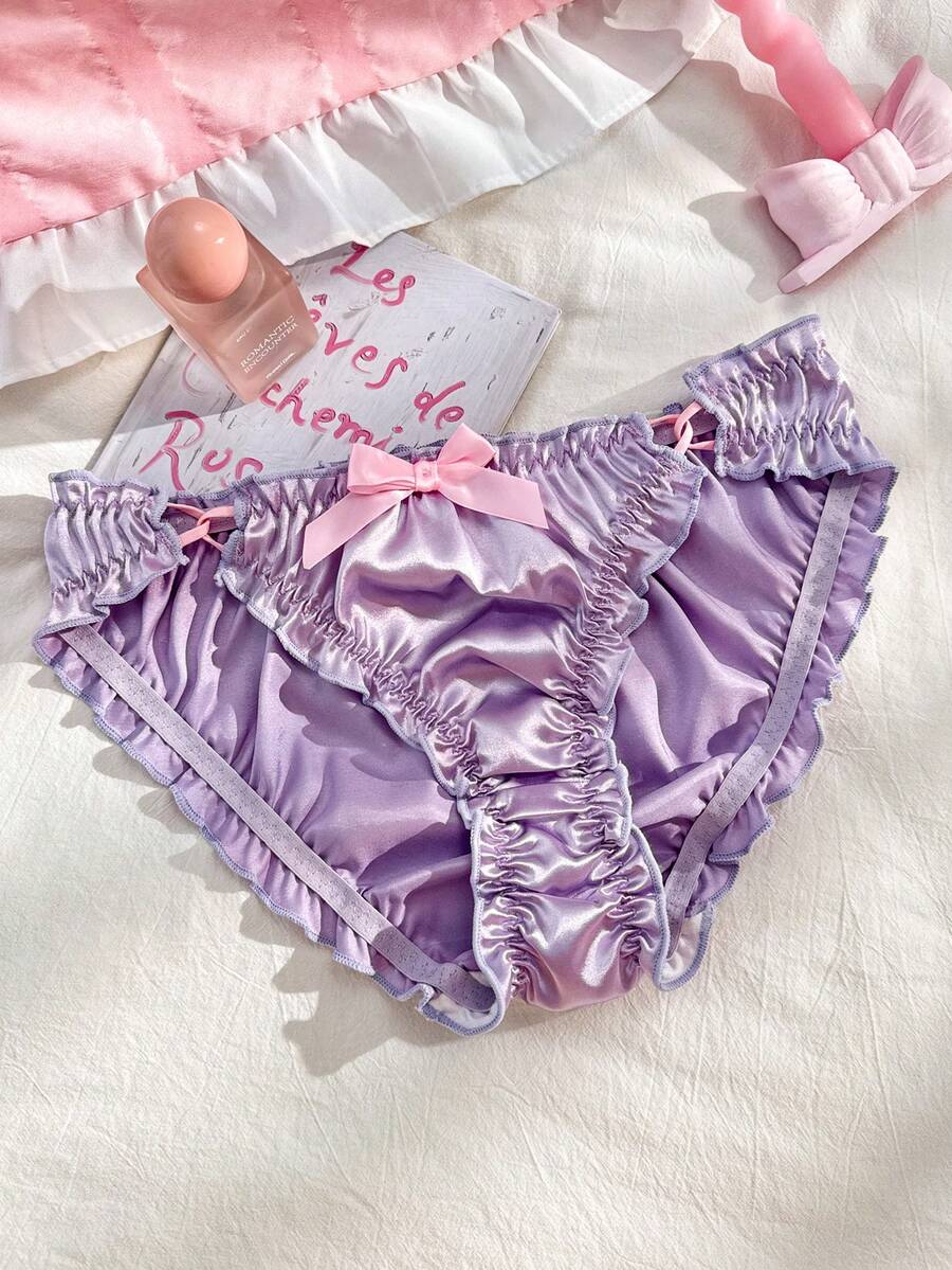FairyFlirt Women's Bow Decor Frill Trim Bikini Bottoms - Purple - View 1