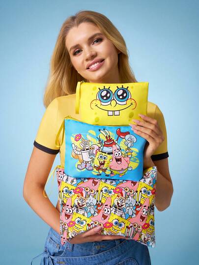 SpongeBob SquarePants | SHEIN 1 pieza/1 set de bolsa de cosméticos de fibra de poliéster con estampado de patrón de dibujos animados, ligera y adecuada para almacenar cosméticos, artículos de papelería, artículos de primera necesidad, productos digitales, muy adecuada para ir al trabajo, la escuela, viajes, apta para hombres, mujeres y estudiantes