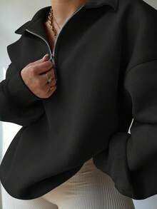 INAWLY 加大码半拉链纯色休闲宽松长袖卫衣，适合毕业季、教师节、返校季等场合，秋冬季节皆宜。 - 黑色 - 查看 4