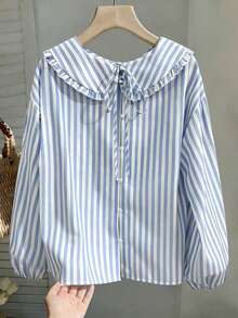 Franclia 女士休闲度假涤棉混纺条纹彼得潘领短灯笼袖纽扣长袖衬衫 - 藍白色 - 查看 3