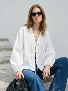 Ontre Áo sơ mi nữ bằng vải dệt, mẫu mới Xuân/Hè 2026, thiết kế thắt nơ, dáng rộng, phù hợp cho Ngày Valentine, mùa cưới, các ngày lễ, phong cách tối giản thành thị, màu trắng. - trắng - Xem 1