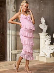 SHEIN Robe de soirée élégante à volants pour femmes enceintes - Rose bonbon - Voir 3