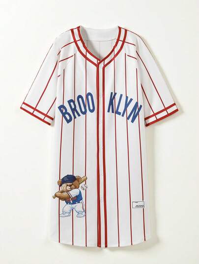 Casuvi Kids 少女条纹纽扣开襟连衣裙，复古小熊印花，休闲宽松版型，日常穿着，夏季新品