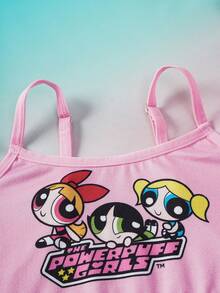 THE POWERPUFF GIRLS X SHEIN Conjunto de camiseta y pantalón corto de niña preadolescente con estampado de dibujos animados - Rosa - Ver 4