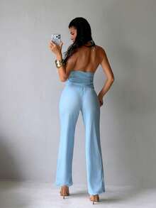 Bonvoyette Summer New Solid Blue Textured Woven Flared Pants, Slimming Drawstring High-Cut Adjustable Waist, Suitable For Parties, Afternoon Tea, Beach, Cruise, Vacation, 3-Piece Women Swimwear Set - Blue - View 2