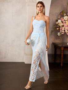 MOTF Soiréza WOMEN'S ELEGANT LONG DRESS WITH LACE EMBROIDERY, PLEATED STRUCTURE DESIGN, SLIM FIT, SUITABLE FOR FORMAL OCCASIONS - Baby Blue - View 6