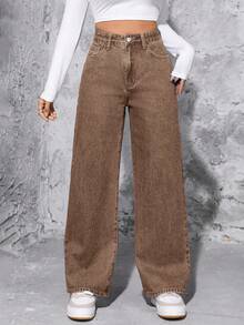 SHEIN PETITE Jeans rectos de cintura alta lavados de estilo casual para mujer - Café integral - Ver 6