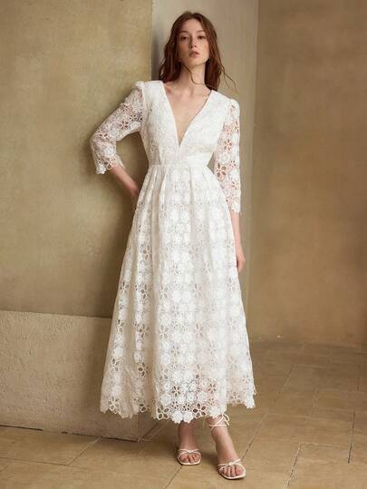 MOTF PREMIUM 女士V领七分袖刺绣中长连衣裙