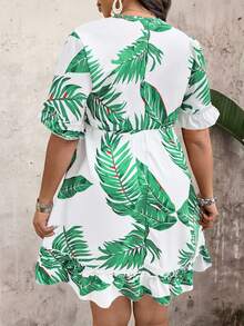 SHEIN Clasi Plus Size Women Tropical Plant Print Tie Front Short Sleeve Casual Dress - White - View 2