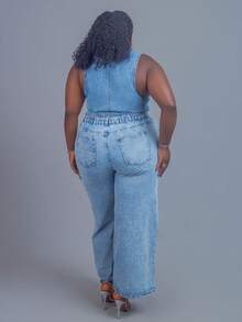 CurvyTilda 女式加大码深蓝色牛仔修身背心 - 中等水洗藍 - 查看 2