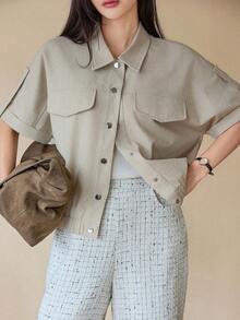 Dazy-Less 女士纯色单排扣休闲百搭日常短袖衬衫，商务休闲夏季款 - 卡其色 - 查看 7