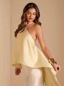 SHEIN BAE Women's Solid Yellow Spaghetti Strap Backless Asymmetrical Hem Minimalist Satin Blouse, Casual Wear,Women's Social Blouse - Yellow - View 4
