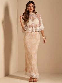 SHEIN BAE Women's White Lace Cape & Lace Mermaid Skirt Set, Women's Lace 2 Pieces Set, Women's White 2 Pieces Set - White - View 5