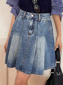DAZY 女士常规腰线褶裥A字牛仔迷你裙，休闲都市风 - 中等水洗藍 - 查看 7