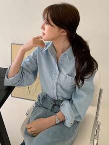 Dazy Tall Áo khoác denim dài tay cổ bẻ dáng suông cho nữ cao - Rửa nhẹ - Xem 7