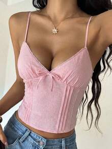 MainGRL Áo hai dây xếp ly màu hồng rách có nơ trang trí của SHEIN dành cho mùa xuân/hè, thích hợp cho nữ, đi biển hoặc đi nghỉ mát. - Hồng - Xem 3