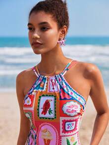 Travachic Women's Tropical Print Halter One-Piece Swimsuit, Vacation & Beach - Multicolor - View 5