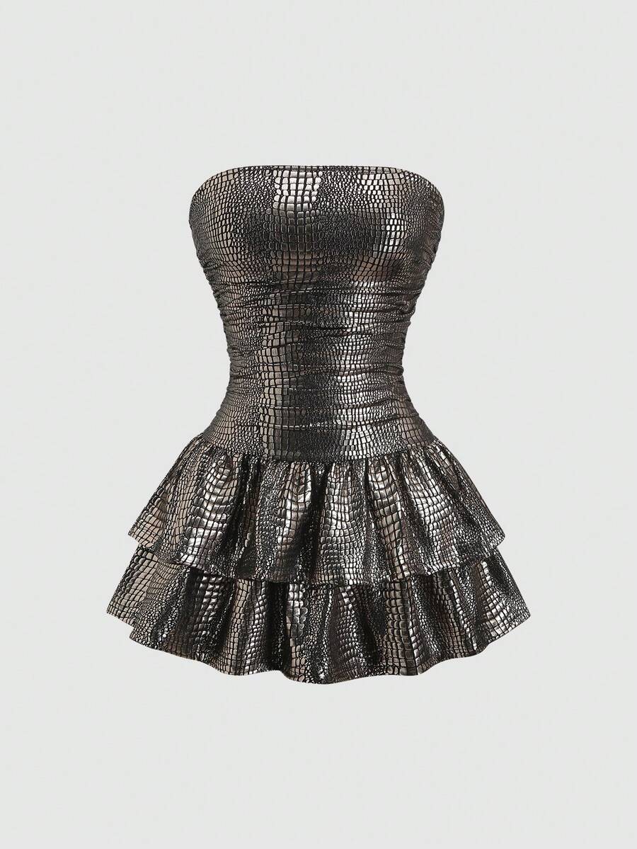 Sweetra Nouvelle robe élastique en PU à motif de crocodile bordeaux pour femmes, convenant pour le travail, les sorties décontractées, les fêtes et les boîtes de nuit. Caractéristiques : volants à l'ourlet, bustier, plis à la taille, longueur mini - Vert - Voir 1