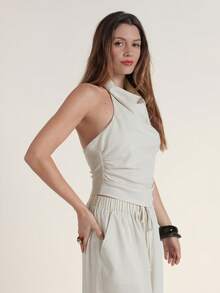 Áo quây cổ đổ bằng vải lanh dành cho nữ - Màu be - Xem 6