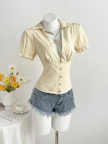 Elamini Yellow Striped V-Neck Petal Sleeve Women's Vacation Blouse - Multicolor - View 3