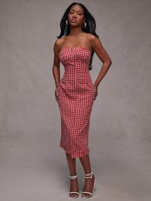 NYA SZN Dress Strapless Plaid Asymmetrical Hem Cool Girl Streetstyle Easter Club Day Brunch Casual Everyday Going Out Party Special Occasion Travel Vacation Office Siren Western Country Date Night Elegant Luxury Outfits For Women - Red and White - View 3