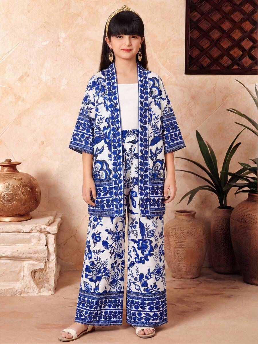 SHEIN Tween Girl 1pc Floral Print Kimono & 1pc Pants - Navy Blue - View 1