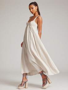 NYA SZN 女士条纹褶皱休闲派对连衣裙，适合夏季穿着 - 杏色 - 查看 1