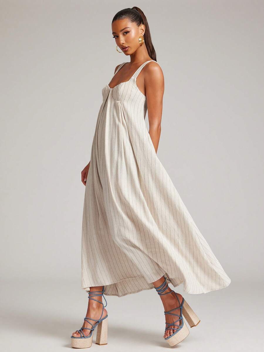 NYA SZN 女士条纹褶皱休闲派对连衣裙，适合夏季穿着 - 杏色 - 查看 1