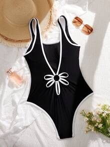 Swim SPRTY Women's Summer Beach Vacation Contrast Trim Wide Strap Backless One-Piece Swimsuit - Black and White - View 7