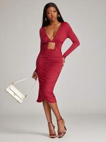 NYA SZN VESTIDO MIDI COM DECOTE EM V E RECORTE QUADRADO - Vermelho - Ver 2