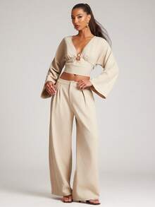 NYA SZN 配套套装：V领长袖上衣配阔腿裤 - 卡其色 - 查看 4