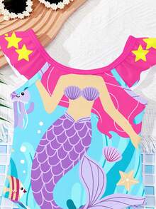 SHEIN Cute Cartoon Mermaid Print, Baby Girls Casual Minimalist Fitted One-Piece Swimsuit, Suitable For Summer - Multicolor - View 3