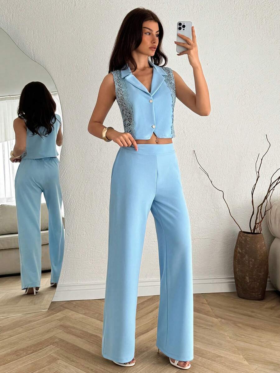EURMUSE Women Regular Fit Lace Detailed Vest And Pant Sets - Baby Blue - View 1