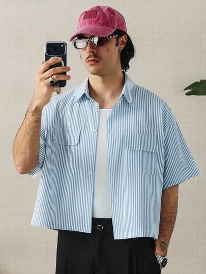 HUEFORM Men's Striped Casual Shirt, Front Pocket Design For Convenient Storage And Stylish Look, Suitable For Casual, Vacation, And Commute, Great Gift For Husband, Boyfriend, Friend, Or Son