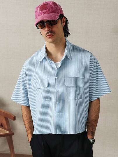 HUEFORM Men's Striped Casual Shirt, Front Pocket Design For Convenient Storage And Stylish Look, Suitable For Casual, Vacation, And Commute, Great Gift For Husband, Boyfriend, Friend, Or Son