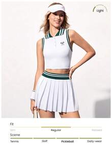 CourtClass Women's Contrast Stripe Cropped Tank Top & Pleated Mini Skirt Tennis Outfit - Multicolor - View 4